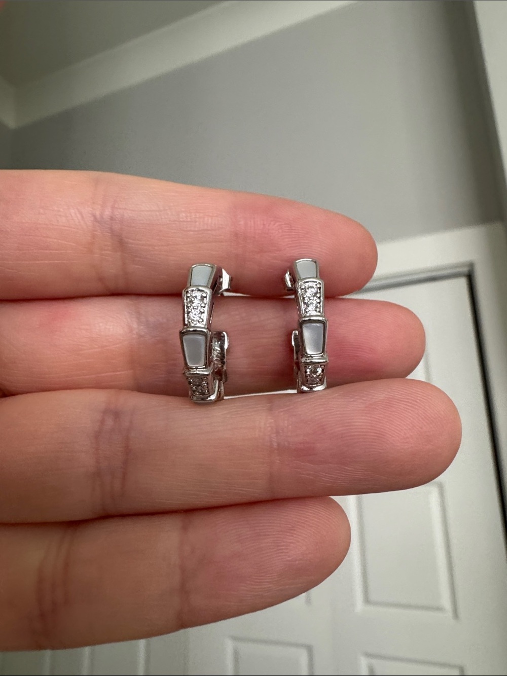 Serpenti Viper Style Mother of Pearl CZ Hoop Earrings